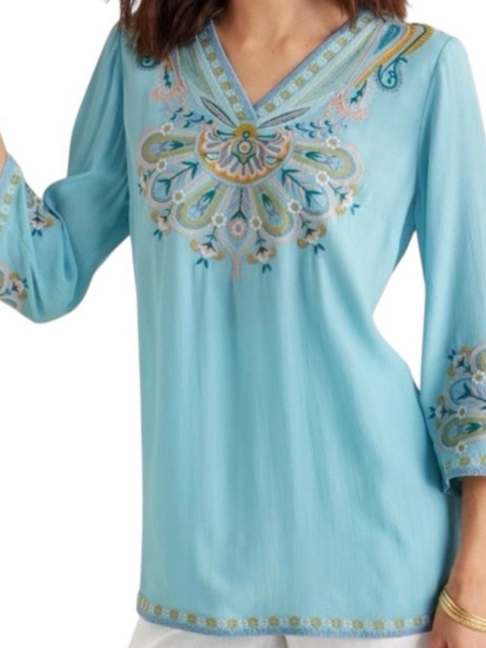 Soft Surroundings Sky Blue River Island  Embroidered V-Neck Tunic 3X